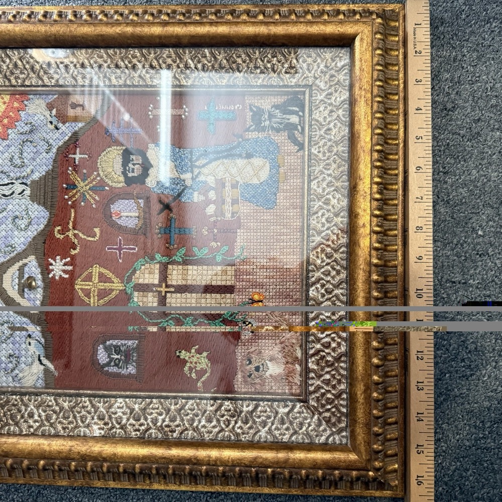 VTG Crewel Religious Needlepoint Priest‎ Saint Cats Dogs Wall Art 17"x16" Church - Picture 13 of 13